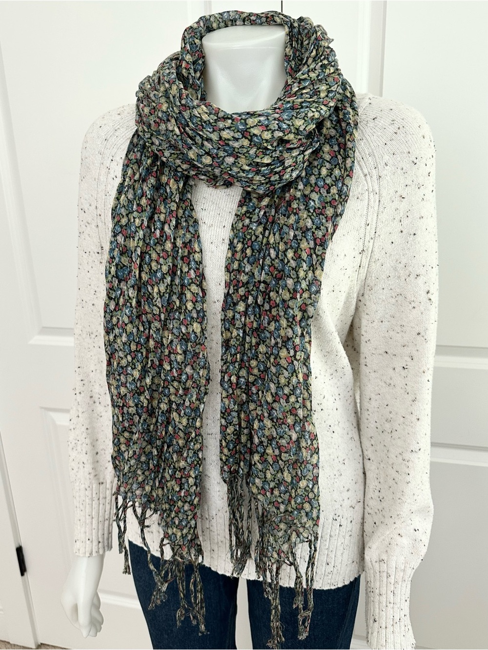 Fall Floral Long Lightweight Scarf With Fringe - Multi Wear - Wrap / Shawl